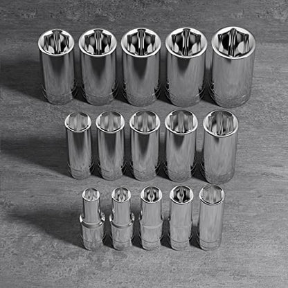 Olsa Tools SAE Deep Socket Set - 1/2-Inch Drive, 18pc - 6-Point Chrome Sockets from 3/8" to 1-1/4" and No Skipped Sizes - Mechanic Deep SAE Socket Set - Professional Grade Long Sockets - Part: 1319 - color: Sae Deep, size: 15pc, 1/2-Inch Drive
