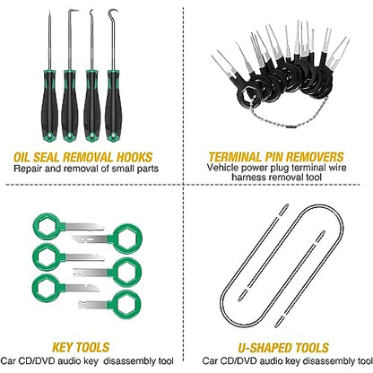 GOOACC 40Pcs Trim Removal Tool,Auto Terminal Removal Key Tool,Auto Clip Pliers Stereo Removal Tools,Car Upholstery Repair Removal Kit,Precision Hook and Pick Set,Wiring Threader,Car Film Scrape-Green - color: Green