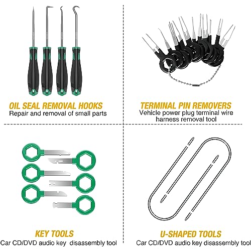 GOOACC 40Pcs Trim Removal Tool,Auto Terminal Removal Key Tool,Auto Clip Pliers Stereo Removal Tools,Car Upholstery Repair Removal Kit,Precision Hook and Pick Set,Wiring Threader,Car Film Scrape-Green - color: Green