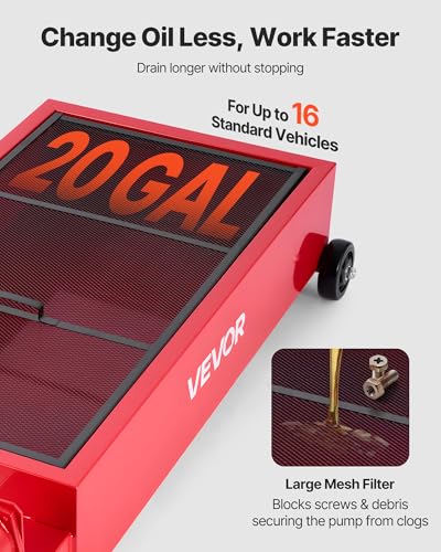 VEVOR Low Profile Oil Drain Pan, 20 Gallon Capacity, Rolling Oil Drain Pan with Manual Pump, 7.2 ft Hose & T Folding Handle, Leak-Proof & Corrosion-Resistant, Fit for Cars, SUVs, Trucks, ATVs, Red - size: 49.21 x 23.62 x 25.98 in