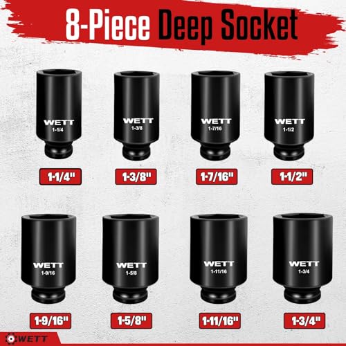 WETT 1/2" Drive Deep Large Impact Socket Set, 8-Piece Spindle Axle Nut Large Sockets Set, Standard SAE 6 Point Wheel Wrench Sockets, CR-V Steel, (1-1/4-Inch-1-3/4-Inch) - size: 1-1/4"-1-3/4" (8pc)