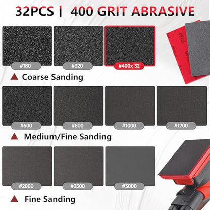 32 PCS 400 Grit Sanding Sponge, Soft and Flexible Sandpaper Block | 3 x 4 Inch, Hook and Loop, Wet and Dry Use, Washable and Reusable, Tear-Resistant Polishing Pads for Metal Auto Paint Wood - style: 32Pcs 400Grit
