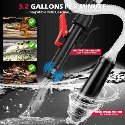 Automatic Fuel Transfer Pump with Auto-Stop Sensor(3.2 GPM), Battery Operated Gas Can Pump with 3 Can Adapters, Extra Long Hose, Portable Fuel Pump for Oil, Diesel, Gasoline (Batteries Not Included) - style: New Version