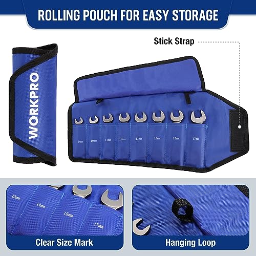 WORKPRO 8 Piece Flex Head Stubby Ratcheting Combination Wrench Set, Metric 9-17 mm, 72-Teeth, CRV, Nickel Plating with Rolling Pouch - size: Metric, style: Nickel-plated