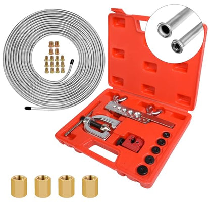 MuHize 1/4 Inch Brake Line Repair Kit with Flaring Tool – 25 FT Zinc Coated Alloy Brake Line with 16 Fittings & 4 Unions, Includes Double & Single Flaring Tool, Tube Cutter, 5 Adapters - size: Sliver Brake Line Kit