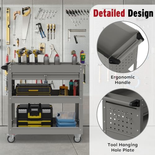 3 Tier Rolling Cart, Heavy Duty Utility Industrial Service Carts on Wheels, Metal Tool Cart with Locked Drawers, Ideal for Garage, Warehouse and Repair Shop (Grey) - color: Gray