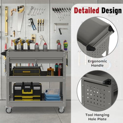 3 Tier Rolling Cart, Heavy Duty Utility Industrial Service Carts on Wheels, Metal Tool Cart with Locked Drawers, Ideal for Garage, Warehouse and Repair Shop (Grey) - color: Gray