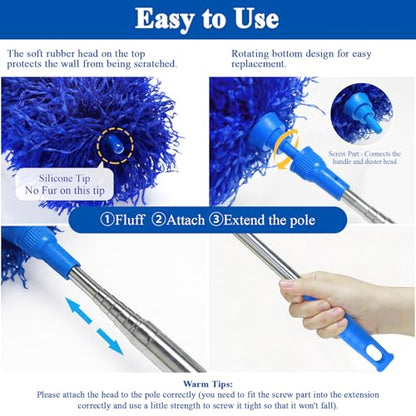 Cobweb Duster with Extension Pole 100 inches, Dusters for Cleaning with 2 Duster Heads, Washable Microfiber Feather Duster for Cleaning Ceiling Fan, High Ceiling, Blinds, Furniture & Cars - color: 2pc-blue