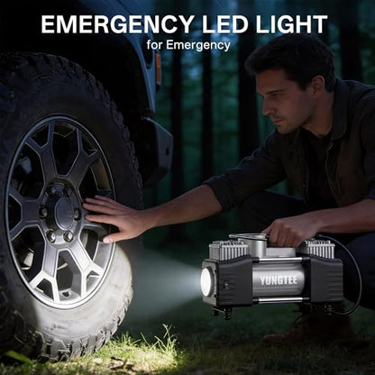YUNGTEE Silver Tire Inflator Heavy Duty Double Cylinders Direct Drive Inflation Pump, 12V Portable Air Compressor Pump with Emergency LED Light - 150PSI, Apply to Car, SUV, RV - color: Silver