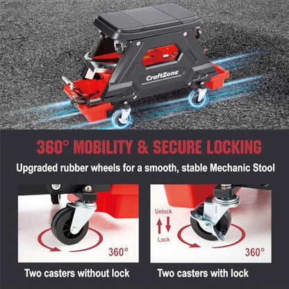 Mechanic Rolling Stool - 300 LBS Heavy Duty Mechanics Roller Seat with Wheels, 360° Swivel Capacity Garage Shop Stool with Locking Casters & Storage Trays, Tools for Automotive Auto Repair