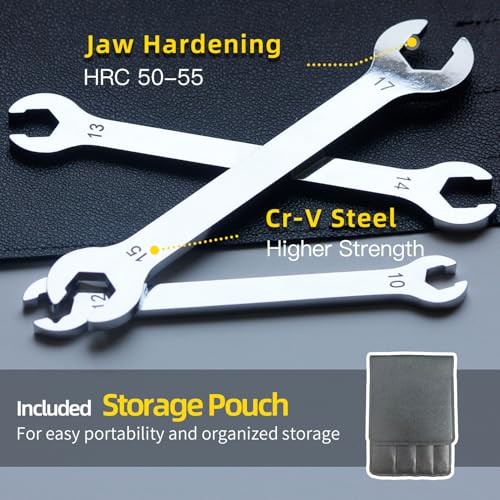 4 Piece Flare Nut Wrench Set with Leather Pouch, Metric Line Wrench Set 9x11mm 10x12mm 13x14mm 15x17mm, Cr-V Steel Brake Line Flare Nut Wrench for Plumbing Tight Confine Spaces