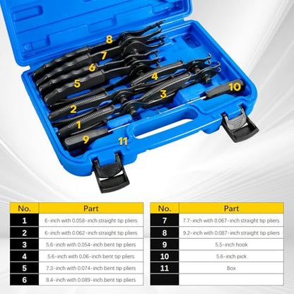 11PCS Snap Ring Plier Set | Internal & External Circlip Removal Tools with Bent & Straight Pliers Hook Pick for Automotive, Motorcycles with Storage Case - color: Blue