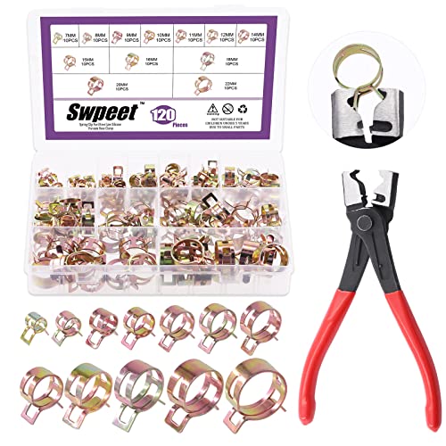 Swpeet 121Pcs 7-22mm Spring Band Hose Clamps with CV Boot Hose Clip Pliers Assortment Kit, Silicone Vacuum Hose Action Pipe Clamp Low Pressure Air Clip
