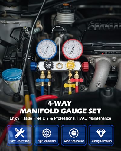 OMT 4 Way AC Diagnostic Manifold Gauge Kit for R134A R410A R22, 5ft Hoses | Includes R134a Couplers Self-Sealing Piercing Can Taps R410a & 29° Adapter ; Solid Brass Build; Ideal for Auto Freon Recharge - size: R134a R22 R410A