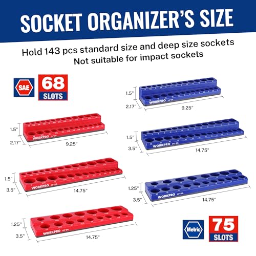 WORKPRO 8-Piece Magnetic Socket and Wrench Organizer Set | 6-Piece Socket Holders, 1/4" 3/8" 1/2" DR Tool Trays, For Metric SAE Sockets, 2-Piece Wrench Holders, For Metric SAE Wrenches