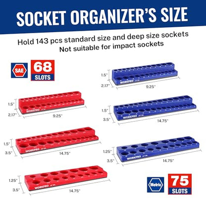 WORKPRO 8-Piece Magnetic Socket and Wrench Organizer Set | 6-Piece Socket Holders, 1/4" 3/8" 1/2" DR Tool Trays, For Metric SAE Sockets, 2-Piece Wrench Holders, For Metric SAE Wrenches