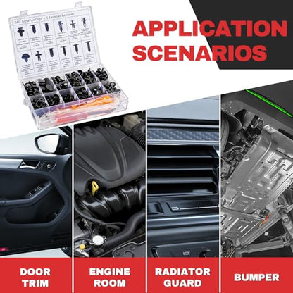 245Pcs Car Retainer Clips & Tools All-in-One Kit - 240 Black Push Pins (12 Sizes) with 5 Orange Pry Bars Stored Inside Box. Portable Bumper Fender Fastener Set for GM Ford (245Pcs) - style: 245pcs