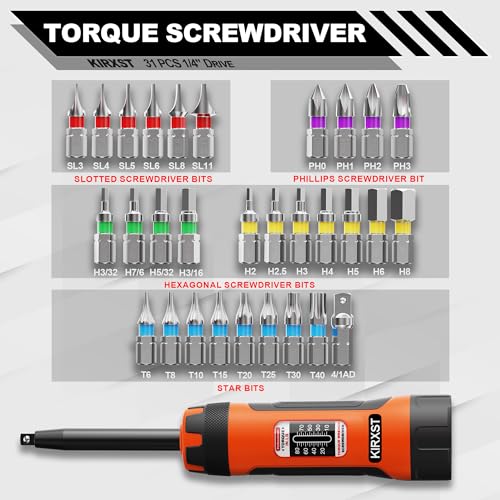 32 PCS 1/4" Drive Long Shank Torque Screwdriver, 10-80 Inch Pound Torque Screwdriver Set with S2 Bits and Socket Adapter for Maintenance, Tools, Bike Repairing and Mounting - size: 10-80inch.L