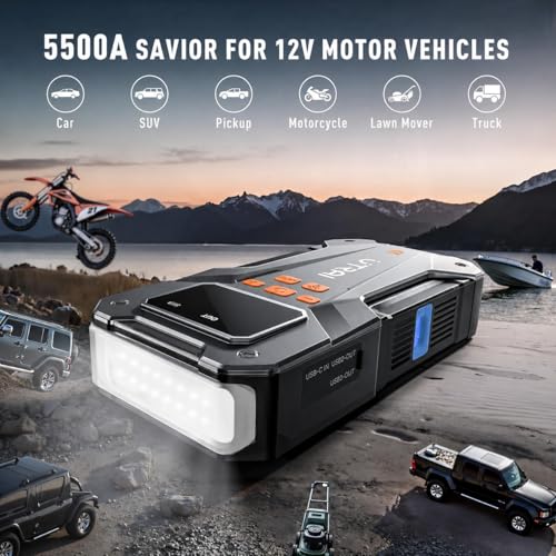 UTRAI 5500A 150PSI Jump Starter with Air Compressor, 12V Portable Jump Box (All Gas/10L Diesel), Jump Pack with LED Light, Car Jumper with Jumper Cables, Storage Case Included - color: Silver