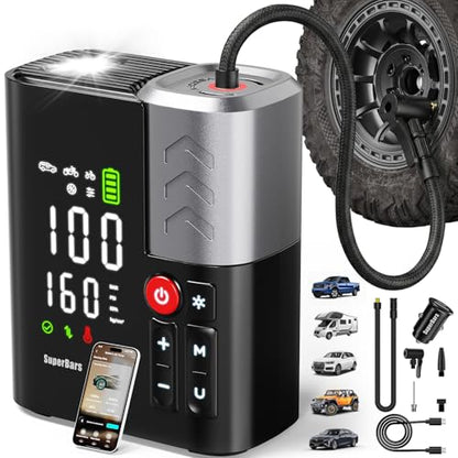 Tire Inflator Portable Air Compressor, SuperBars 7X Faster Air Pump with APP, 160PSI 48LPM Electric Tire Pump with 10400mAh Battery, 45W Faster Charging, Tire Inflator for Car SUV Pickup RV MPV Truck