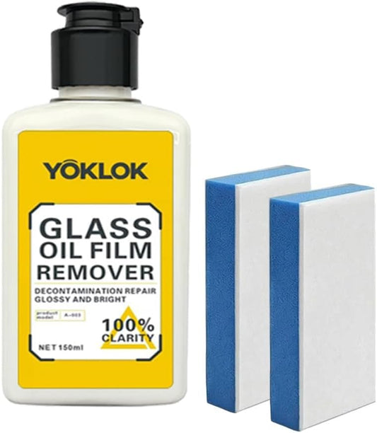 Glass Oil Film Remover for Car Windows, Professional Windshield Cleaner & Restorer, Eliminates Water Spots, Grime & Night Glare, Auto Glass Stripper Kit with 2 Sponges, 150ml (5.1oz)