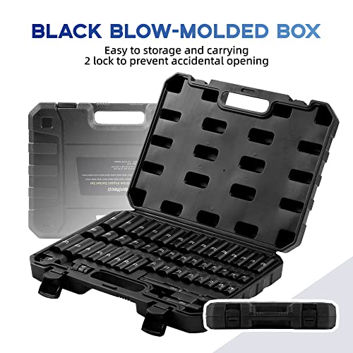 Reniteco 48-Piece 3/8" Drive Socket Set, SAE (5/16"-3/4") & Metric (8mm-22mm), Deep & Shallow Sockets, Extension Bars, 1/2" F to 3/8" M Reducer, Universal Joint, 6 Point Design - size: 3/8" 48 PCS SAE & Metric