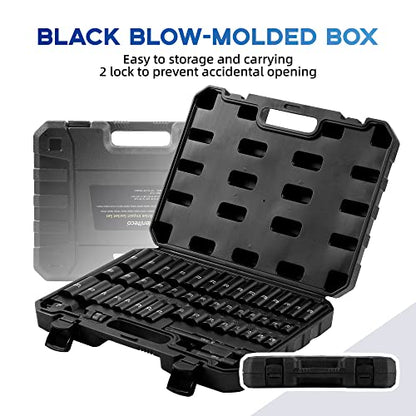 Reniteco 48-Piece 3/8" Drive Socket Set, SAE (5/16"-3/4") & Metric (8mm-22mm), Deep & Shallow Sockets, Extension Bars, 1/2" F to 3/8" M Reducer, Universal Joint, 6 Point Design - size: 3/8" 48 PCS SAE & Metric