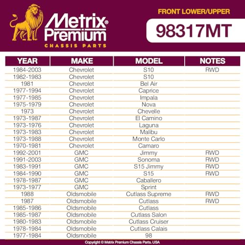 Metrix Premium Chassis Parts - 4 PC Front Lower & Upper Ball Joint Kit Fits 91-96 Buick Roadmaster, 73-87 Chevrolet El Camino, 78-87 GMC Caballero, 70-81 Pontiac Firebird, K5208 K6145T, Made in Europe