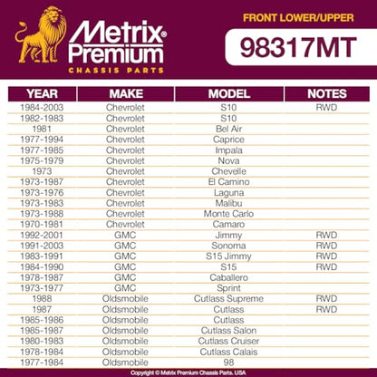 Metrix Premium Chassis Parts - 4 PC Front Lower & Upper Ball Joint Kit Fits 91-96 Buick Roadmaster, 73-87 Chevrolet El Camino, 78-87 GMC Caballero, 70-81 Pontiac Firebird, K5208 K6145T, Made in Europe