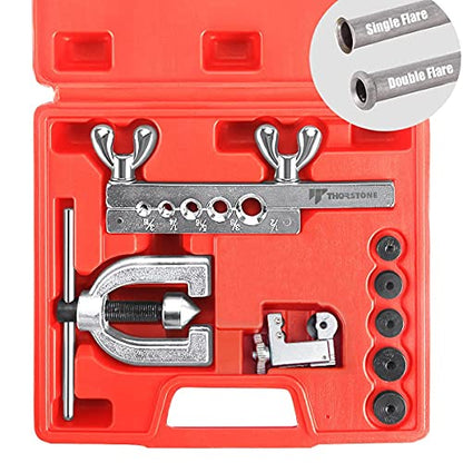 Thorstone Double & Single Flaring Tool Kit for Brake Line and Brass Tubing Tool with Extra Adapters, 45 Degrees, Red - size: Double & Single Flaring