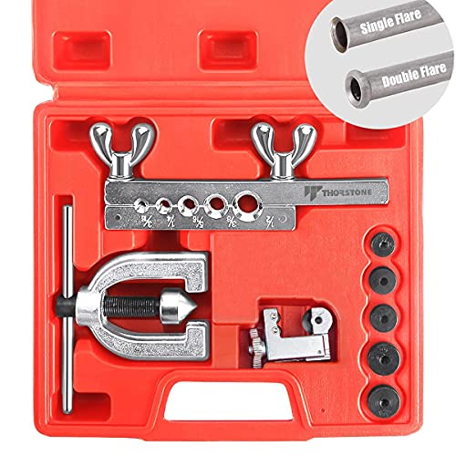 Thorstone Double & Single Flaring Tool Kit for Brake Line and Brass Tubing Tool with Extra Adapters, 45 Degrees, Red - size: Double & Single Flaring
