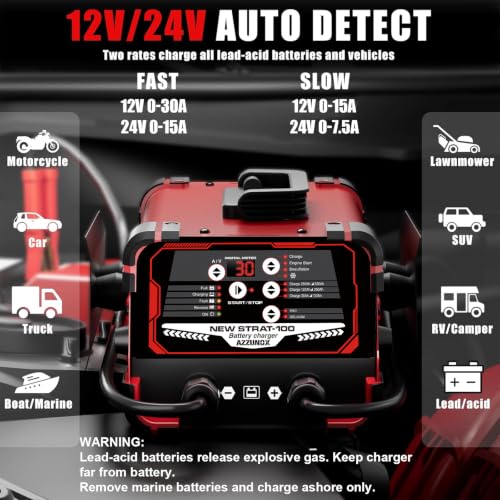 12V/24V Car Battery Charger & Engine Starter – Up to 30A Fast Charging, 130A Cranking Amps, Auto Maintainer, Desulfator, Repair & Winter Mode for AGM, Gel, Deep Cycle Batteries - color: 30A