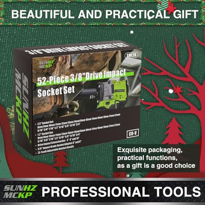 SUNHZMCKP 3/8" Drive Impact Socket Set, 52 Pcs Standard SAE (5/16-3/4 inch) and Metric (8-22mm) Shallow & Deep 6 Point Sockets, 3/8-In Ratchet Handle, Extension Bars, Adapters, Universal Joint, CR-V - size: 52-Pc 3/8" Drive Impact Socket Set
