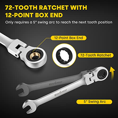 Enventor 12 Pieces SAE 1/4-7/8", 180° Flex Head Ratcheting Wrench Set, CRV Steel, 72-Teeth, 12-Point Combination Ratchet Wrenches Set with Rolling Pouch - size: SAE-12PCS
