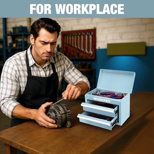 WORKPRO Metal Mini Tool Box with 2 Drawers and Top Storage | Cold Rolled Steel Toolbox, Ball Bearing Slides, PVC Drawer Liners, PP Feet Pads, Durable Storage - color: Macaron Blue