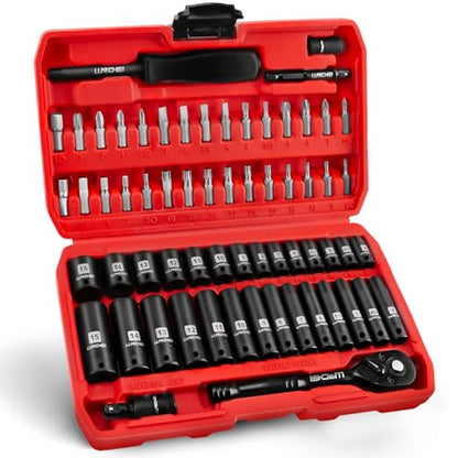 LLNDEI 1/4" Drive Socket Wrench Set, 1/4-Inch Impact Socket Set Metric(4-15mm) Deep and Shallow 6 Point, CR-V, 63PCS with 72T Ratchet Wrench Handle for Household&Automotive Repairing