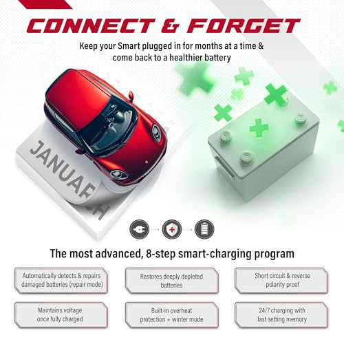 JMR 12V Battery Charger for Smart, 12V Cig. Port, Add Lithium Mode | Trickle Charger Conditioner Maintainer For Crossblade Fortwo City-Coupé Forfour Roadster All Models - size: Add Lithium Mode