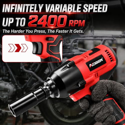 AOBEN Cordless Impact Wrench 1/2 Inch, Power Impact Gun Kit, Max 600N.M/450Ft-lbs High Torque Electric Impact Driver for Car RV Tire, 2 Packs x 4.0Ah Battery, Charger, 6 Sockets & Storage Tool Case - size: AB-7337-B2