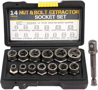 14-Piece Impact Bolt & Nut Remover Set, 3/8”Bolt Lug Nut Extractor Socket Tool Set, Damaged Bolt Nut Remover with Hex Adapter for Removing Stripped, Damaged, Rounded off and Rusted Bolts & Nuts