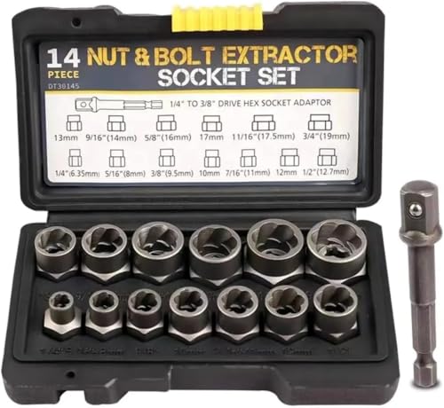 14-Piece Impact Bolt & Nut Remover Set, 3/8”Bolt Lug Nut Extractor Socket Tool Set, Damaged Bolt Nut Remover with Hex Adapter for Removing Stripped, Damaged, Rounded off and Rusted Bolts & Nuts
