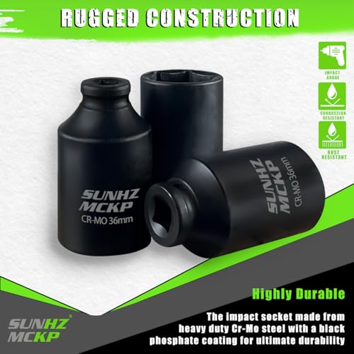 SUNHZMCKP 36mm Socket | 1/2” Drive Deep Impact Socket | 6 Point |CR-MO | Spindle & Axle Nut Impact Grade Socket for Easy Removal (METRIC 36 mm) - color: Metric, size: 36 mm