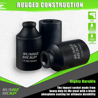 SUNHZMCKP 36mm Socket | 1/2” Drive Deep Impact Socket | 6 Point |CR-MO | Spindle & Axle Nut Impact Grade Socket for Easy Removal (METRIC 36 mm) - color: Metric, size: 36 mm
