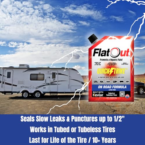 FlatOut QuickStrike Tire Sealant On-Road Formula - Prevent Flat Tires - Seal Leaks - Contains Kevlar - Tubeless Tire Sealant - Fast-Acting Formula - 32 Ounce Bag - Pack of 4 - size: 4 Pack - 32 Fl Oz
