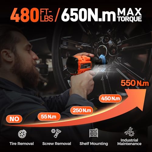 COMOWARE 650N.m (480 ft-lbs) Cordless Impact Wrench, 1/2" Brushless High Torque Impact Gun, 20V 4.0Ah Battery & Fast Charger, 6 Sockets w/case, 3-Speed Control (0-3000RPM), Gift for Dad