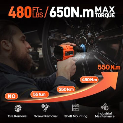 COMOWARE 650N.m (480 ft-lbs) Cordless Impact Wrench, 1/2" Brushless High Torque Impact Gun, 20V 4.0Ah Battery & Fast Charger, 6 Sockets w/case, 3-Speed Control (0-3000RPM), Gift for Dad