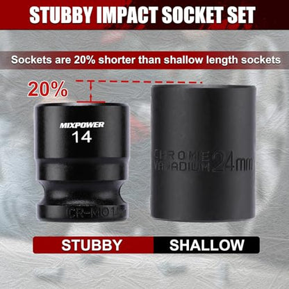 MIXPOWER 15-Piece 3/8" Drive Stubby Impact Socket,CR-MO,8-22mm,6-Point,Metric,Radius Corner Design, Axle Nut Impact Grade Socket for Easy Removal - size: 3/8" Drive / Metric Set