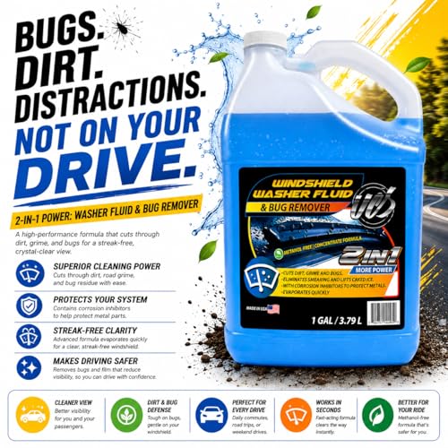 UCS Windshield Washer Fluid 2-in-1 Bug Remover – Ready to Use Formula – Streak-Free Cleaning – Removes Dirt & Road Grime – 1 Gallon (128 fl oz) Methanol-Free - color: Blue, size: 128 Fl Oz (Pack of 1)