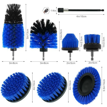 8 Pcs Drill Brush Attachment Set, Power Cleaning Scrub Brush Kit with Extend Long Attachment, All Purpose Drill Scrub Brushes for Car, Grout, Floor, Tub, Bathroom and Kitchen (Blue) - color: Blue