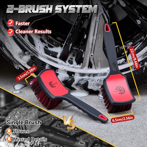 BMLEI Wheel & Tire Brush Set, 2 Pack Car Wheel Brush & Tire Cleaner Brushes | Soft Bristle Rim Brush, Stiff Tire Scrub Brush, Scratch-Free, Wheel Cleaning Kit for Car Detailing, Trucks, SUVs - color: Red&black