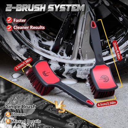BMLEI Wheel & Tire Brush Set, 2 Pack Car Wheel Brush & Tire Cleaner Brushes, Soft Bristle Rim Brush and Stiff Tire Scrub Brush, Scratch-Free Wheel Cleaning Kit for Car Detailing, Trucks, SUVs - color: Red&black